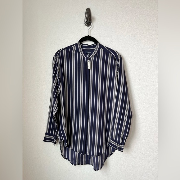 Madewell Tops - MADEWELL Mulberry Silk Stripe Navy Hidden Button Top Size X-Small